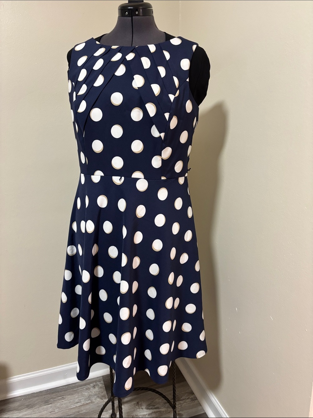 Navy White and Tan Polka Dot Fit-and-Flare Woman’s Dress